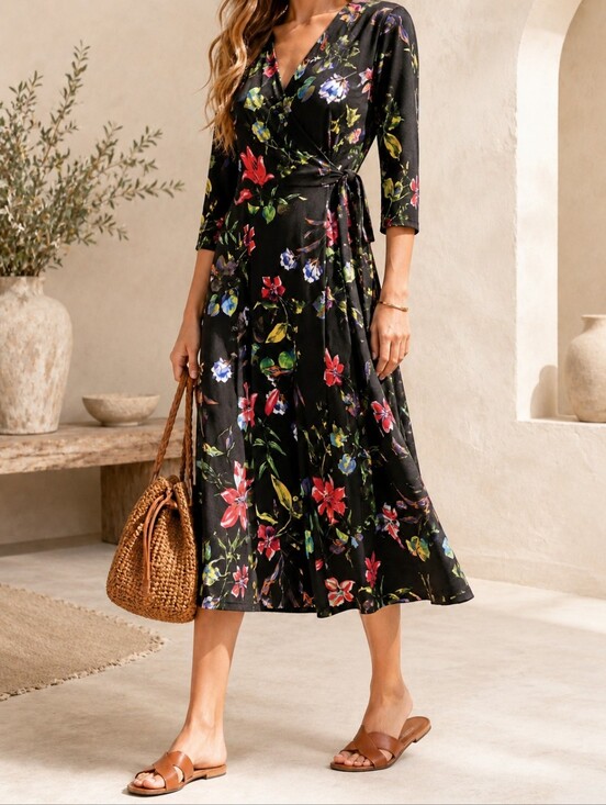 Blue Sky Dresses & Skirts - Blue Sky Bamboo Wrap Dress Floral Black Midi Medium Soft Stretch
